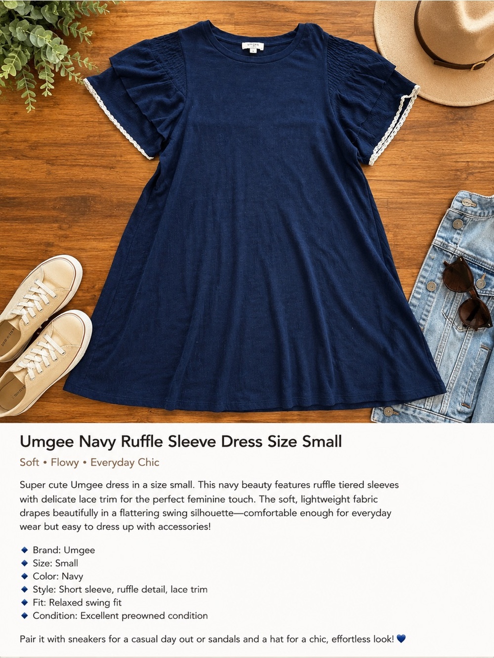 Umgee Navy Ruffle Sleeve Swing Dress Size Small | Lace Trim Boho Boutique (v1)